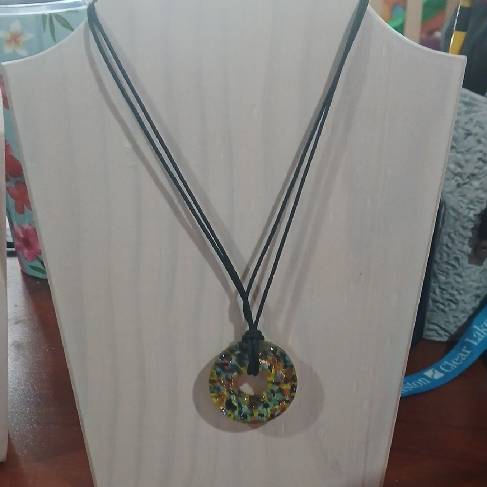 Handmade Multicolor Donut Pendant Necklace on Black Cord